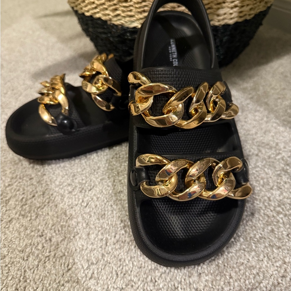 Black Sandals with Gold Chain Accents
